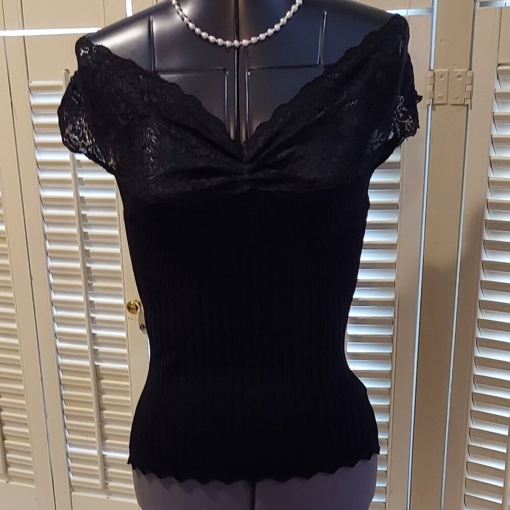 Elegant Black Stretch Top with Lace White House Black Market Top Size M